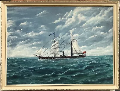 Vintage Original Oil Painting On Canvas Board Signed By Artist 82cm Ship At Sea • £79.90