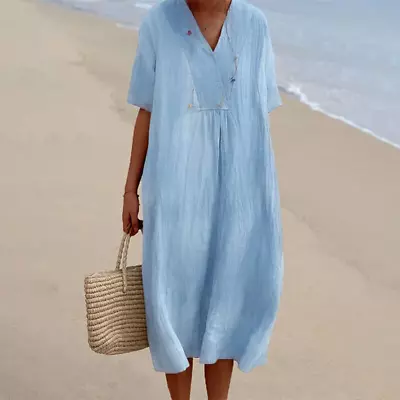 Ladies Cotton Linen V Neck Midi Dress Women Short Sleeve Loose Long Dress Party • £13.79