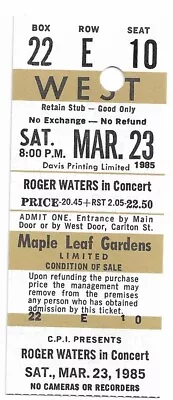 Roger Waters Un-torn Ticket 1985 Maple Leaf Gardens Rare Box Seat. Pink Floyd • $29.99