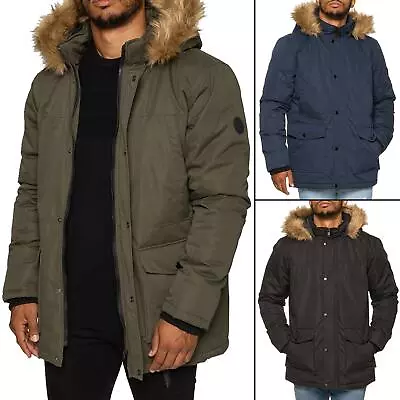 Mens Parka Jacket Faux Fur Trimmed Hooded Winter Warm Long Padded Outerwear Coat • £39.99