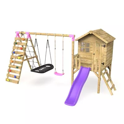 £1049.95 • Buy Rebo Orchard 4FT Wooden Playhouse + Swings, Rock Wall, Deck & 6FT Slide – Sage P