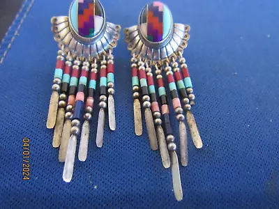 Vintage Sterling Silver Native American Multi Stones Rare Pierced Post Earrings • $23.50