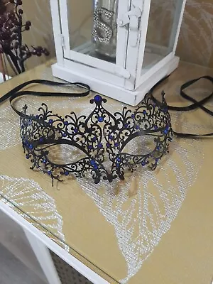 Delicate Venetian BLACK Lace METAL MASK Masquerade Filigree Blue Diamante NEW • £10