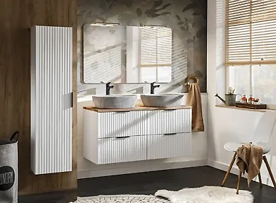 Bathroom Countertop Sinks 3x Wall Unit Set 120cm Ribbed White/Oak Effect Adel • £929.95