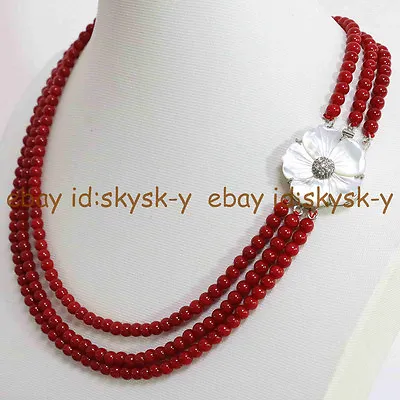 3 Rows Natural 6mm Red Coral Round Beads Necklace 18-20 Inch Shell Flower Clasp • $11.69