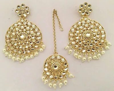 New Bridal Maang Tikka Earrings Set Bollywood Kundan CZ Gold Tone Indian Jewelry • $23.64