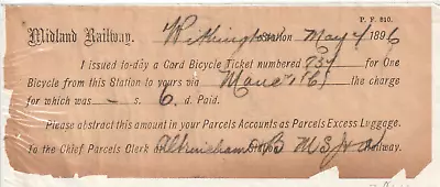 RARE SURVIVOR - 1896 MIDLAND RAILWAY 6d TICKET TO TAKE A BICYCLE BY TRAIN. • £9.50