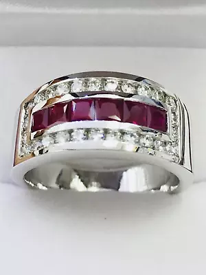 1.78 CT 14k Solid White Gold Mens Natural Diamond & Princess Ruby Ring • $1532