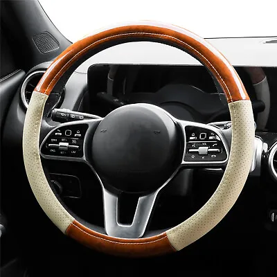 38cm  15''Car Steering Wheel Cover Wood Grain Beige Leather Breathable Non-slip • $16.39