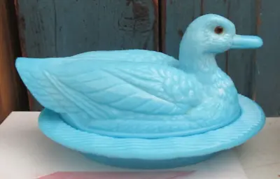 Rare Vintage Westmoreland Duck On Nest Robin Egg Blue Milk Glass Candy Dish • $39.99
