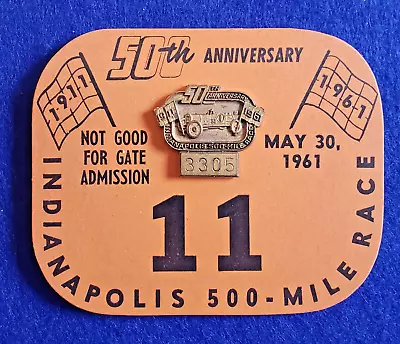 1961 Indy 500 BRONZE (GOLD TONE) 50th ANNIV. Badge #3305 W/BUC #11 AJ FOYT WINS! • $199