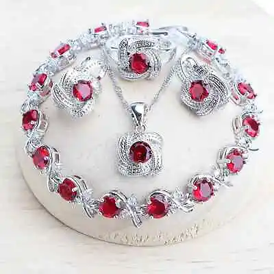 Magnificent 4 Pc 925 Sterling Silver Created Garnet Jewelry Set • $41.38