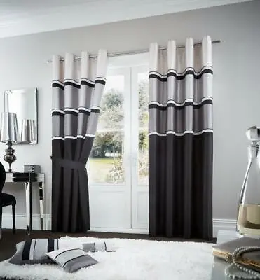 Panama Stripes Fully Lined Thick Curtain Pair Ready Made Eyelet Ring Top Curtain • £26.90