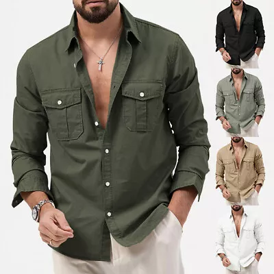 UK Mens Cargo Shirt Long Sleeve Tops Soft Casual Cotton Militar Tactical Shirts • £11.88