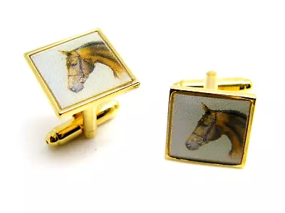 Horse Head Riding Badge Racing Cufflinks Gift Cuff Links Gold Plated • £4.99