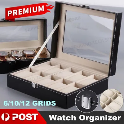 $26.85 • Buy 6/10/12 Grids Leather Watch Box Organizer Case Jewelry Display Storage Showcase