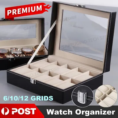 6/10/12 Grids Leather Watch Box Organizer Case Jewelry Display Storage Showcase • $24.95