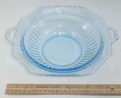 VTG Anchor Hocking May Fair Open Rose Blue Depression Glass Serving Bowl Dbl Hdl • $36.95