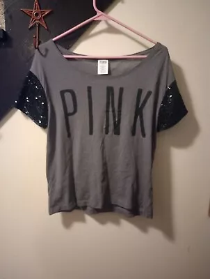 Pink Victorias Secret Short Sleeve Black Sequins Tshirt Gray • $7.99