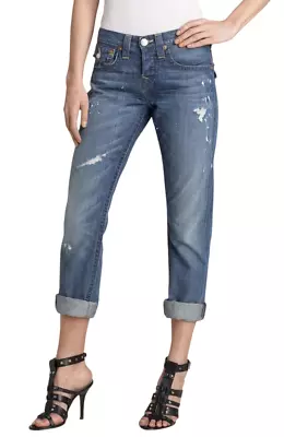 TRUE RELIGION Jordan Distressed Paint Splatter Straight Denim Blue Jeans SIZE 29 • $24.49