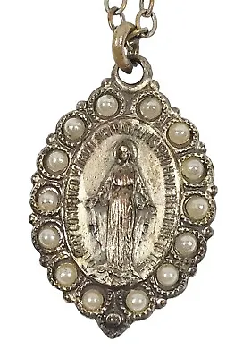 Vintage Virgin Mary Religious Catholic Medal Pendant W/ Unusual Faux Pearl • $18.99