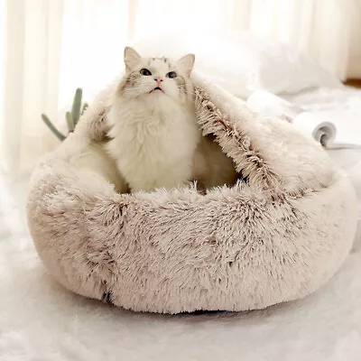 Pet Cat Calming Bed Hooded Soft Warm Plush Cave Nest Cushion Sleeping Mats House • £13.95