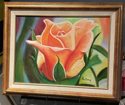 Vintage ORIGINAL OIL PAINTING Artist Delong. ORANGE ROSE Rosebud FRAMED • $47