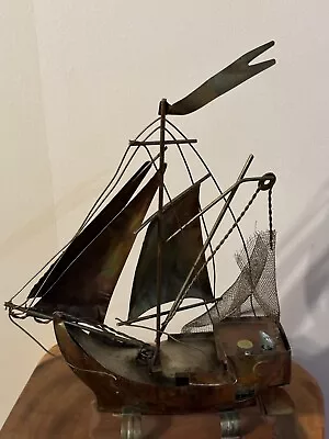 Vintage Musical Nautical Ship Sailboat Copper Metal On Wood Platform • $30