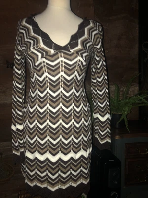 70s Retro Dress Low Cut Geometric Crochet Style Brown Cream Size 10 • £0.99