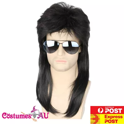 Mens Black 80s Mullet Wig Long 1980s Disco Bogan Punk Rock Party Costume Wigs • $8.05