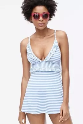 J. Crew Ruffle Swim Dress One-Piece Mixed Striped Blue White Fully Lined Modest • $42