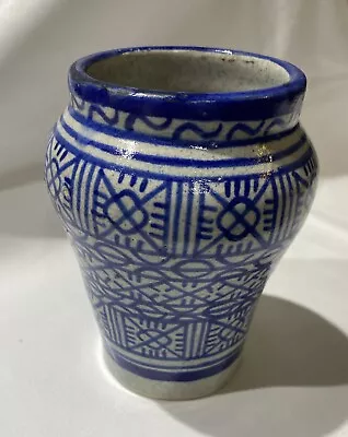 Vintage Moroccan Fez Pottery Blue Vase Artist Signed North Africa • $47.50