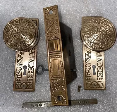 Antique Polished  Brass Door Set Lock Knobs Plates  By Corbin C1895 • $220