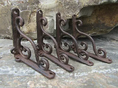 Set Of 4 Cast Iron 4  Small Shelf Brackets AntiqueStyle Rustic Wave Scroll  • $35.99