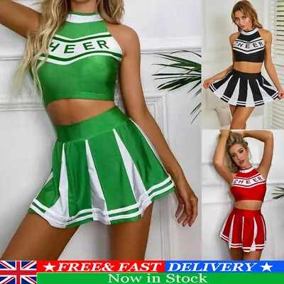 Womens Cheerleader Costume Uniform Outfit Fancy Crop Tops Mini Pleated Skirt • £18.99