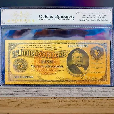 100mg 24K Gold 1886 $5 Dollar Bill Silver Certificate Large Banknote W/White COA • $14.95