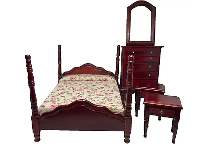 Dollhouse Miniature 1:12 Wood Mahogany Bedroom Set Bed Mirror Dresser End Tables • $49.99