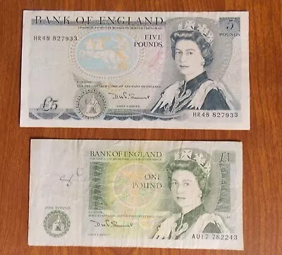 *Great Britain UK England Vintage 1& 5 Pounds Circulated Banknotes QEII Bills* • $21.99