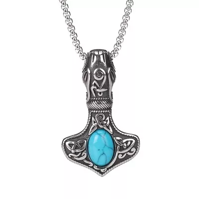 Viking Thor Hammer Necklace - Norse Mjolnir Pendant With Turquoise • $11.99