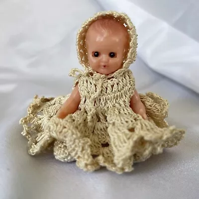 Vintage Plastic Miniature Jointed Baby  Dollhouse Doll In Hand Crocheted Outfit • $11.99