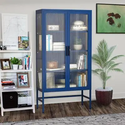 Blue Double-layer Glass Door Storage Cabinet With Adjustable Shelves And Feet • $282.99