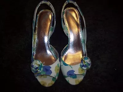 Ladies' Sling Back  Heels -  Open Toe -White With Blue And Teal Flowers - 6.5M • $24
