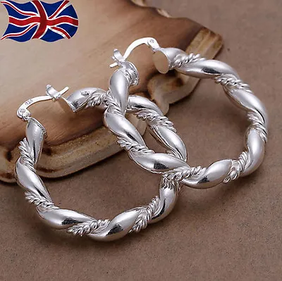 925 Sterling Silver Hoop Earrings Large Twisted Rope Chunky Gift Bag UK • £3.99