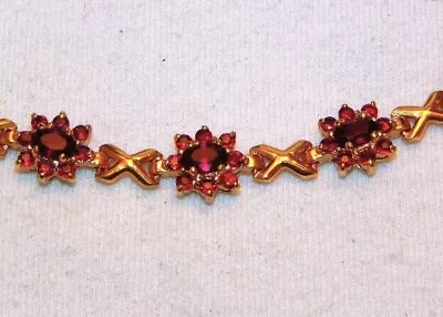 Vintage Gold Plate Chain Simulated Red Garnet Flower 6 3/4  Bracelet • $11