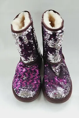 UGG PURPLE Velvet SPARKLES Classic SHORT Sheepskin Lined SEQUIN Suede BOOTS  5 • $155