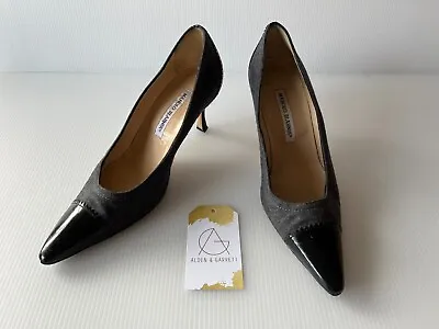 Manolo Blahnik Gray Wool Heels W/ Black Patent Leather Trim Size 38 (IT) 8 (US) • $102.40
