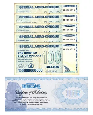 5 Zimbabwe 100 Billion Special Agro Cheque Banknote 2008 P-64 USED COA • $29.99