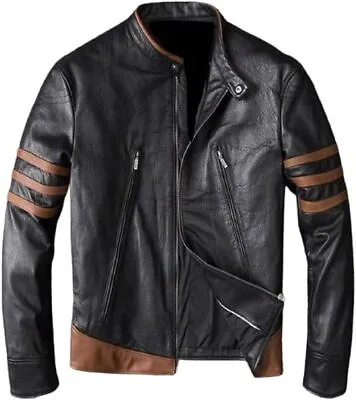 Mens Hugh Logan Moto Wolverine Jackman Brown Stripes Sleeves Faux Leather Jacket • $109