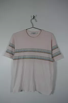 Vintage Yves Saint Laurent YSL Striped Logo T Shirt Baby Pink Small Mens • £22.55