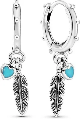 Pandora Hoop Earring  Silver Spiritual Feathers Silver Enamel 297205EN168 • £19.99